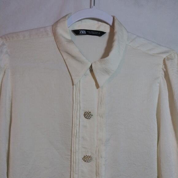 Zara Ivory Long-Sleeve Jewel Button Up Shirt Blouse Size XL - Picture 2 of 8